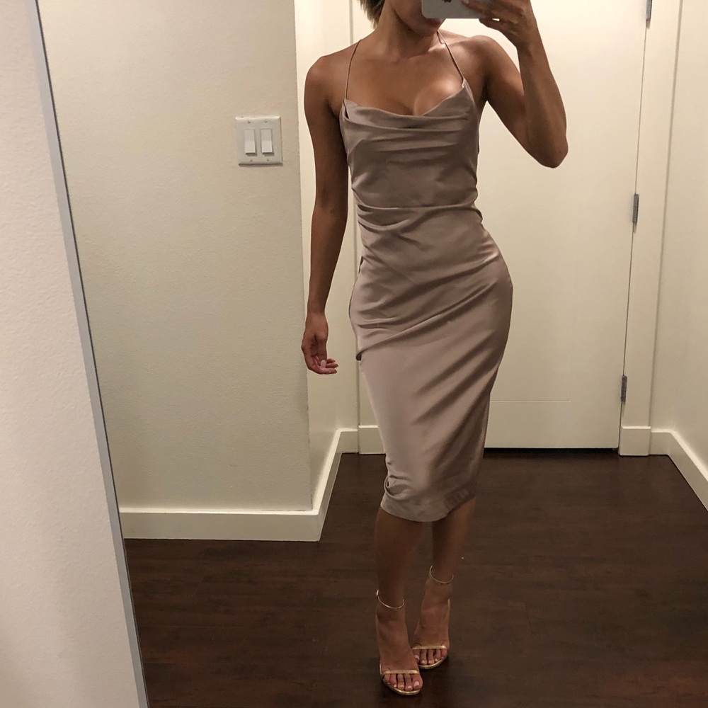 Mauve Tan Champagne Satin House Of CB Dress XS